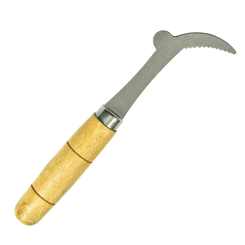 Scraper Tool with Wooden Handle and Serrated Hook