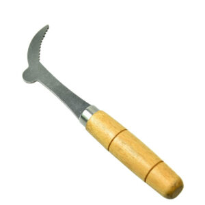 Scraper tool with wooden handle and serrated hook